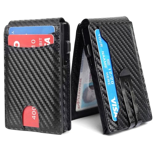 Generic Mens Slim Minimalist Wallet with Money Clip, Pop Up Card Holder, Carbon Fiber Black, RFID Blocking