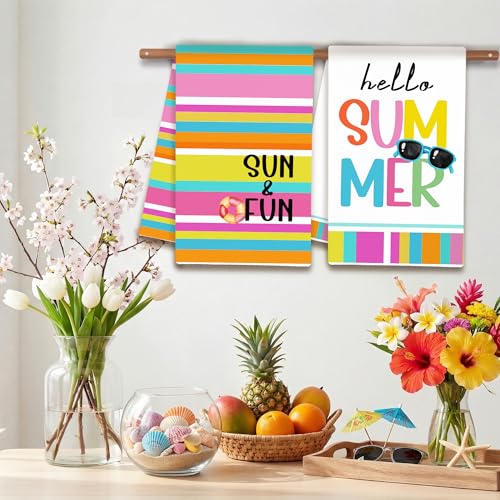 Image of FUTBU Summer Kitchen Towels, Sun and Fun Stripes Dish Towels Set of 2 for Bathroom Decor, 18x26Inch Drying Dishcloth Farmhouse Holiday Summer Pools Decoration