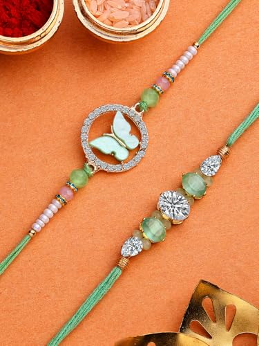 Image of Sukkhi Rakhi Iconic Designer Kundan Meenakari Red Green Gold Plated Premium Rakhi for Brother with Roli Chawal & Greeting Card|Rakhi for Brother /Bhaiya /Bhai /Men|Rakhi Combo-Set of 2