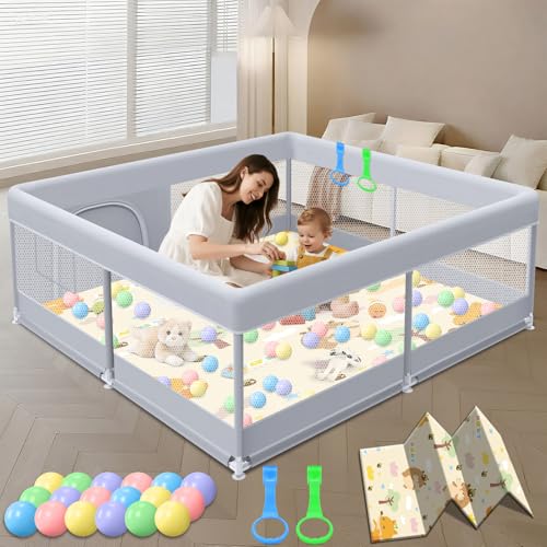 Image of XVISHX Baby Playpen with Mat, 50x50 Inch Play Pen, Playpen for Babies and Toddlers, Baby Playard for Indoor & Outdoor Active Center Game Fence, with Skin-Friendly Fabric and Soft Breathable Mesh