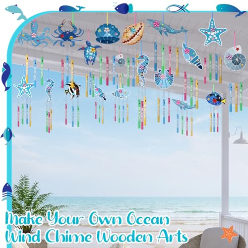 128 Pcs Summer Ocean Wind Chime Making Kit Make Your Own Sea Animals Wind Chime Wooden Ocean Animals Arts Ornaments for DIY Crafts Activity Birthday Summer Party Decoration - Thumbnail 6