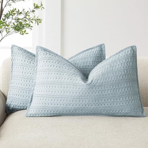 Image of Foindtower Set of 2 Decorative Cotton Waffle Weave Lumbar Throw Pillow Cover Euro Sham Cushion Covers Accent European Pillowcase For Bed Couch Sofa Bedroom Living Room Home Decor 12x20 Inch Light Blue