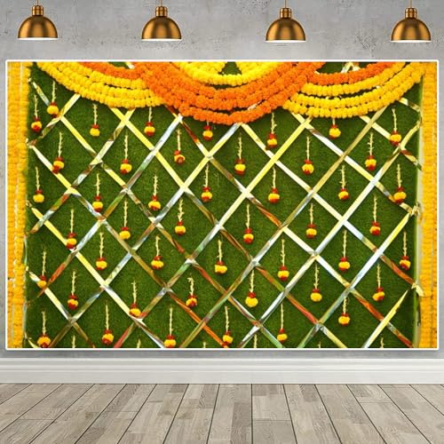 Image of India Diwali Backdrop Puja Hindu Mehndi Festival Background Ganpati Pooja Backdrop India for Bridal Shower Wedding Party Marigold Garlands Photo Props 7X5FT