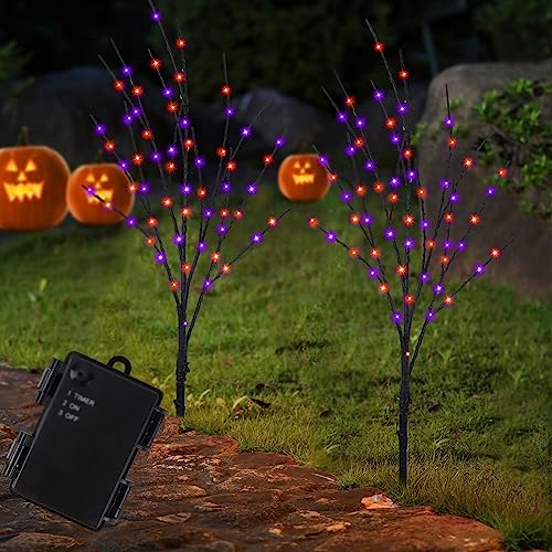 Lighted Halloween Tree Branches, 30IN 100LED Artificial Black Twig Branch with Purple&Orange Fairy Lights, Built-in Timer & Battery Operated, Waterproof for Outdoor Pathway Lawn Garden Decorations