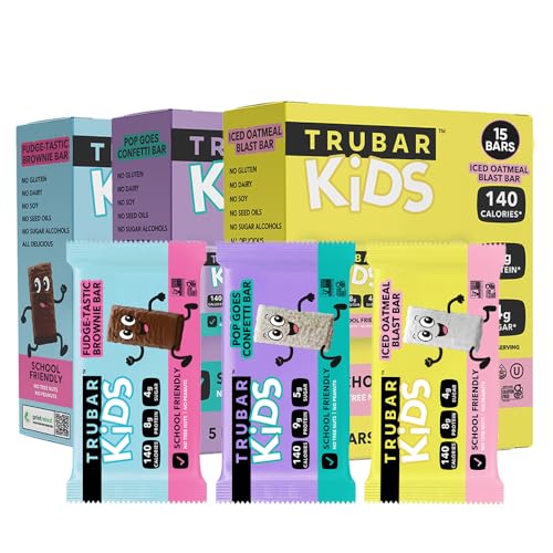 TRUBAR Kids Protein Bars, Snack Pack Variety Box, Plant Based Protein, Gluten Free School-Friendly Snacks for Lunchboxes, Tree Nut and Peanut Free, Low Sugar, Healthy On the Go Snack Bars, 15 Count