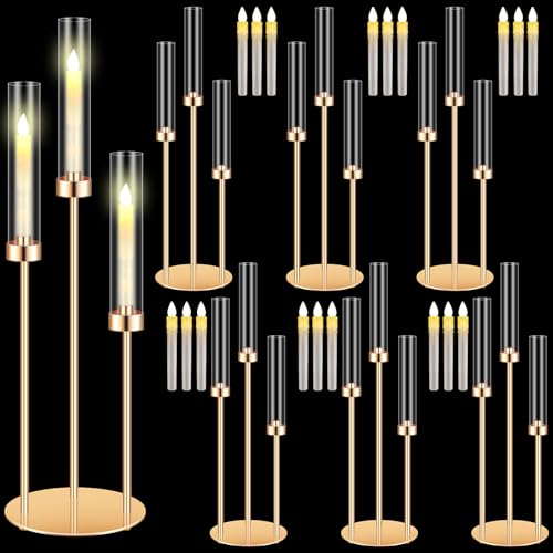 Tandefio 6 Sets 3 Arm Metal Candelabra Centerpieces for Wedding Tables 30inch Tall Gold Candle Holder Centerpieces with 18 LED Candles and Shade for Ceremony Birthday Anniversary Party Home Decor