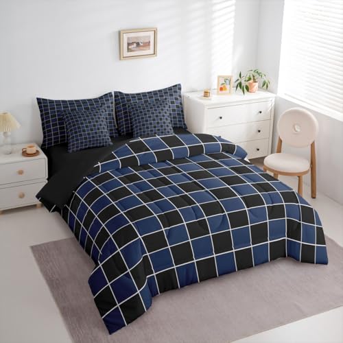 Image of Erosebridal Navy Blue Checkered Boys Full Bedding Black Blue Plaid Comforter Set with Sheets 7 Piece-for Kids Teen Men Bedroom Geometric Gingham Grids Bed in A Bag-Soft Lightweight for All Season