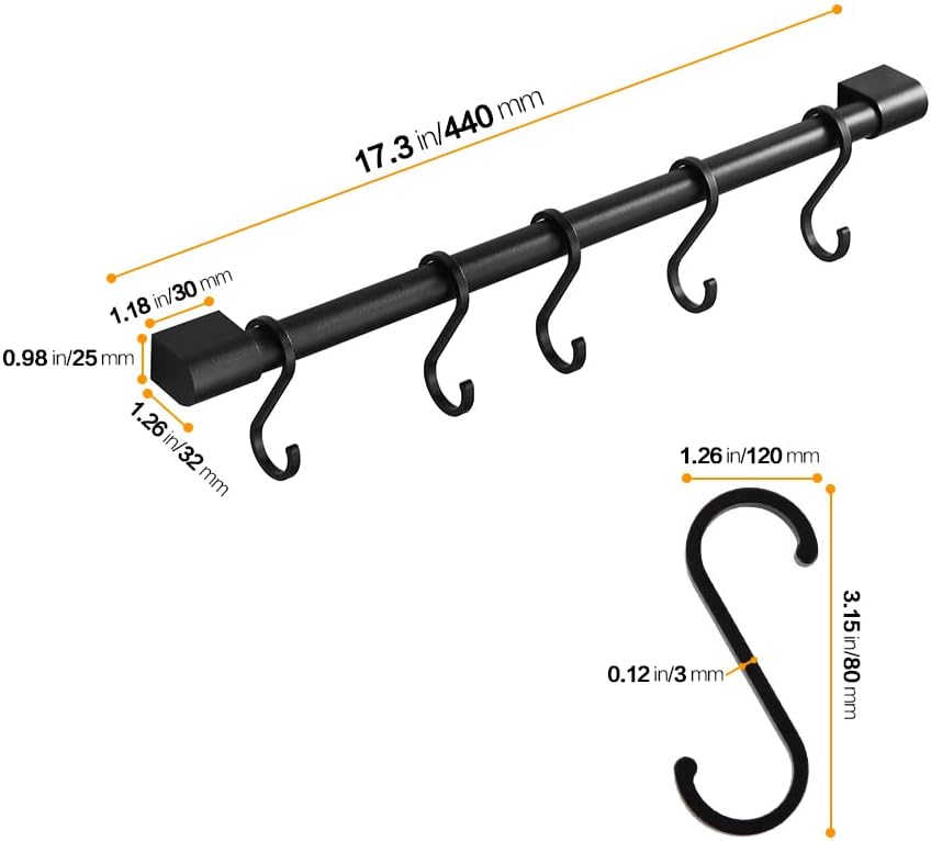 MIAOHUI Kitchen Rail with Hooks, Pan and Pot Hangers for Kitchen Wall Mount, Kitchen Utensil Rack with Removable S Hook, Aluminum (17.3inch_Black_5Hooks)