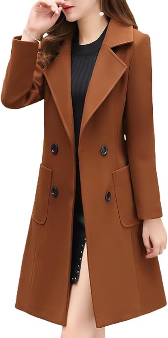 Womens Long Pea Coats Double Breasted Overcoat Fall Trench Coat Warm Elegant Thick Lapel Pocket Fashion Winter Coat