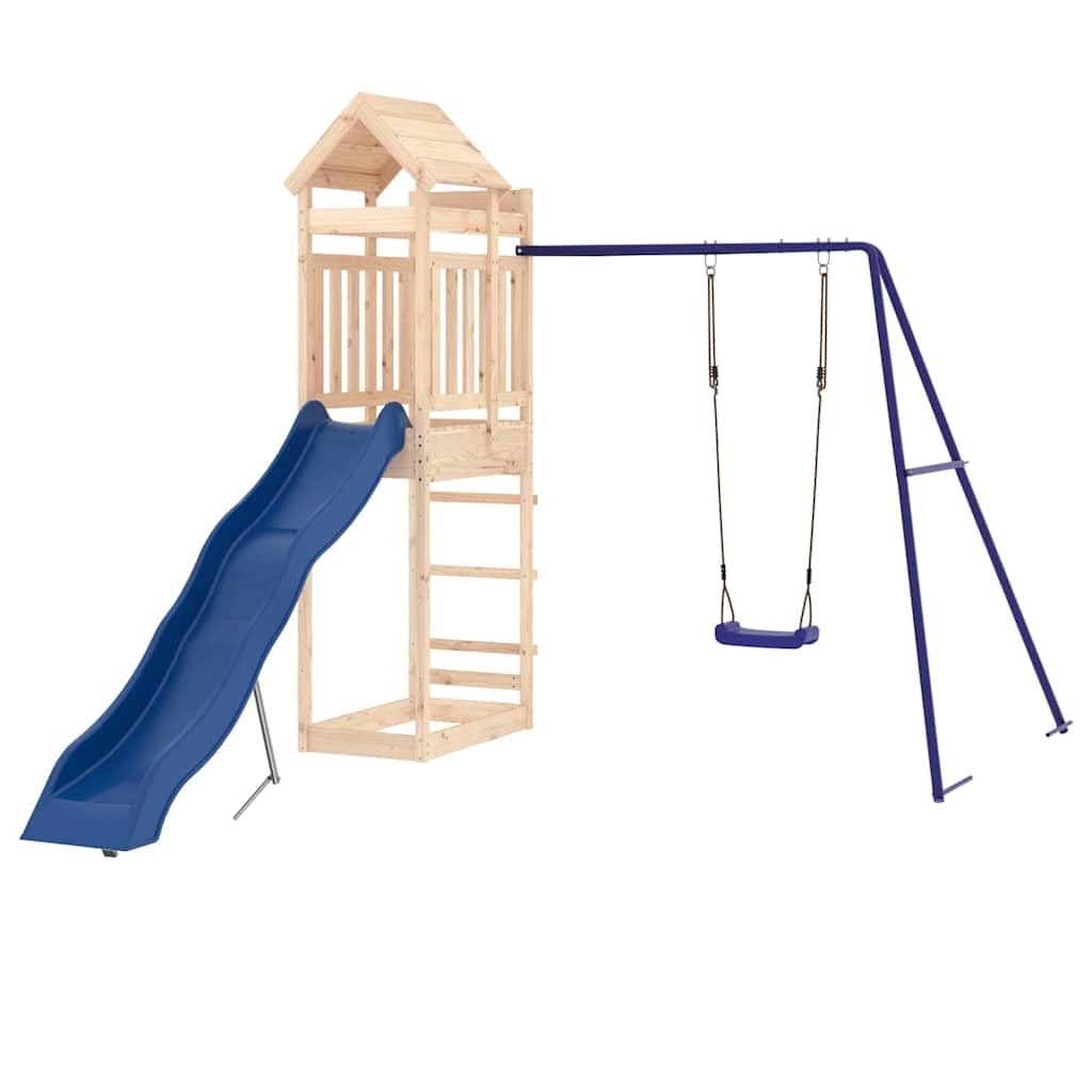 Torre da gioco in legno di pino massiccio con scivolo ondulato e altalena singola, struttura da arrampicata per bambini da 3 a 8 anni, parco giochi da giardino con sabbiera, robusto