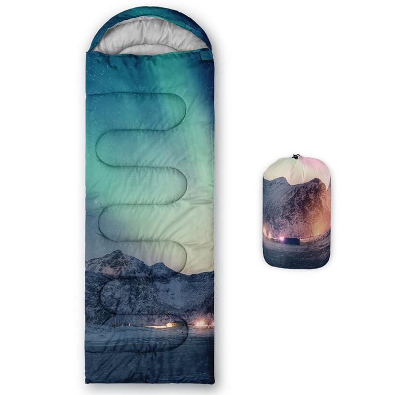 HOSIMA Sleeping Bags for Boys Girls Kids,Aurora Printed Lightweight Warm Portable Outdoor Indoor Waterproof Cold Resistant Sleeping Bag for Camping Hiking (Aurora) โ image 1