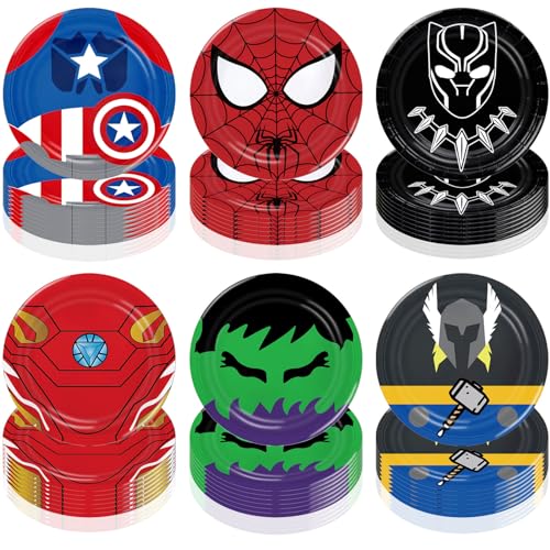 60pcs Superhero Birthday Party Supplies,Superhero Birthday Party Plates for Superhero Theme Party Decorations Birthday Baby Shower Decor (7in)
