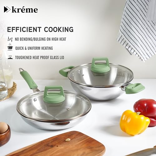 Image of Kreme Platina Triply Stainless Steel Cookware Set of 4 Pcs - Kadai 24cm /2.8L and Frypan 24cm /1.8L with Glass Lids, Consumes Less Oil, Healthy Cooking - Induction and Gas Stove Ready