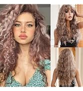 Allbell Long Blonde Curly Wigs for Women, Synthetic Wavy Wig with Cute Bangs, Long Blonde Wig Nat...