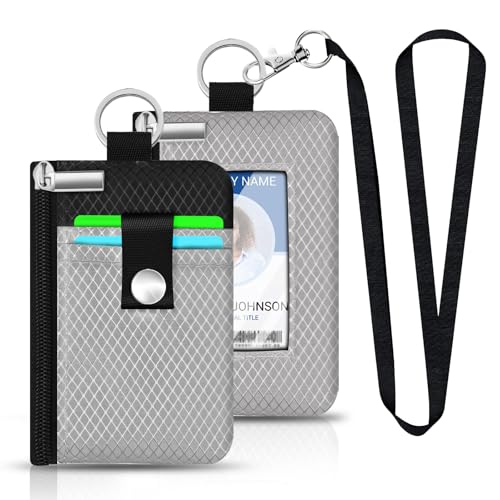 Image of Minimalist RFID Blocking Small Wallet with ID Window,WaterResistant Zip Id Case Wallet with Lanyard Keychain for Cards,Cash,Travel,Women,Men (Light gray /Black)
