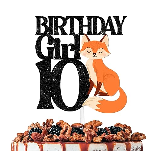 Black Glitter Birthday Girl 10 Cake Topper Animal Fox ThemeDecoration Baby Shower Girls Happy Birthday 10th Party Theme Decor Supplies