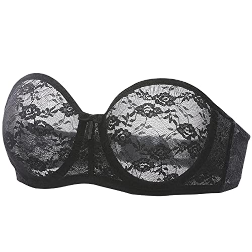 Image of DOBREVA Women's Strapless Lace Bras Unlined See-Through | Underwire, Floral Lace, Sexy, Sheer, Soft, Bow, Multiway, Comfort