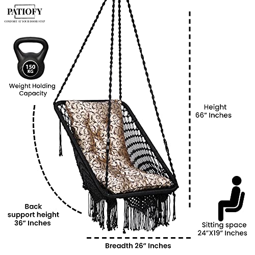 Image of Patiofy Premium Swing for Adults /Swing for Balcony /Jhula for Adults /Hammock Hanging Swing Chair for Home, Garden /Includes Golden Cushion & Hanging Kit / 150Kg Capacity-Black