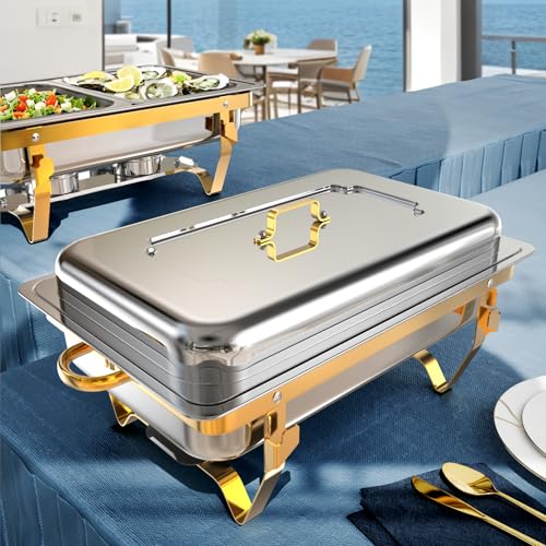 Amhier Chafing Dishes - 8QT High Grade Chafers and Buffet Warmers Set, Rolled-Edge Design with Gold and Silver, 2 Pack