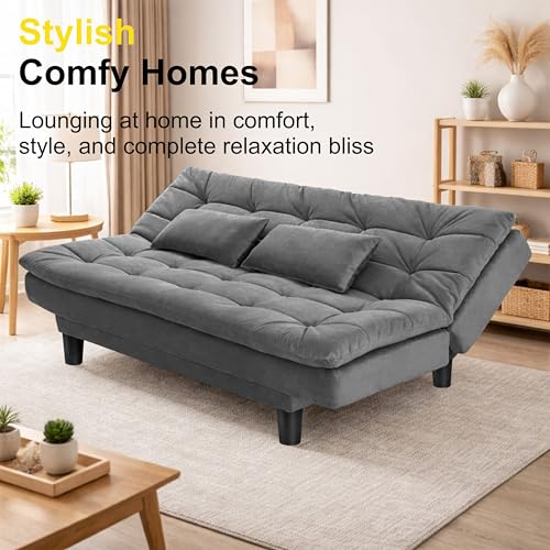 Image of Modern 3 Seater Sofa Cum Bed with Cushions, Foldable Convertible Couch, Velvet Fabric Sleeper Sofa for Living Room, Guest Room, Grey