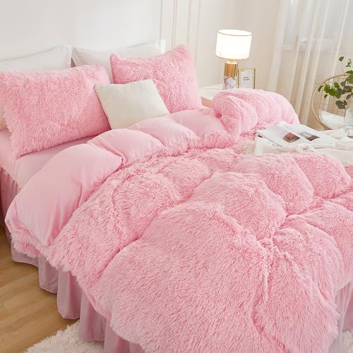 Andency Faux Fur Pink Comforter Set King Size, 3 Pieces Fluffy Fuzzy Plush Bedding Comforter Set (1 Shaggy Velvet Comforter & 2 Pillowcases), Soft Puffy Comfy Down Alternative Comforter Bedding Set