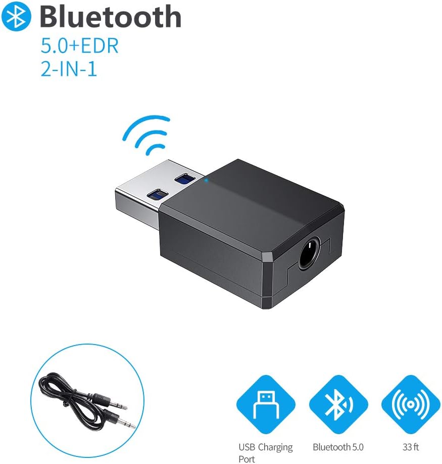 Rayrow Bluetooth Adapter, Wireless Audio Transceiver and Receiver 2 in 1 5.0 Transmitter with 3.5 mm Digital Aux Cable for PC,TV,Headphones,Speakers,Radio, CD Player Headset, Keyboard, etc. (Black)