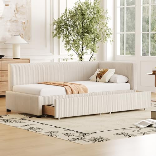 Hmdpoo Polsterbett Schlafsofa, 90x200 cm, Beige, Samt, mit 2 Schubladen und Lattenrost, Mid-Century-Modern-Stil, 205x97x68 cm
