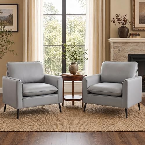 TYBOATLE Accent Chairs Set of 2, Faux Leather Chairs, Mid Century Modern Comfy Living Room Chairs, Cozy Office Reading Chair, Reception Armchairs for Office, Bedroom, Waiting Room (Grey) (2)