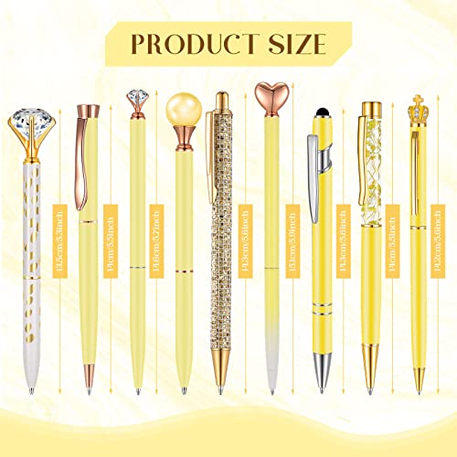 Image of Janmini Metal Crystal Glitter Ballpoint Pen Set 9 Pcs Black Ink Cute Cute Things Novelty Gifts for Women Girls Birthday Home Office (Yellow)