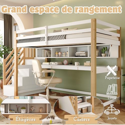 Gegtuon Etagenbett Bett 90x200 mit Tisch für Kinder, Kinderbett mit Stauraum Treppe & Regal, Hochbett Hausbett Bettgestell mit Lattenrost & Rausfallschutz für Kinderzimmer, ohne Matratze, Weiß&Natur