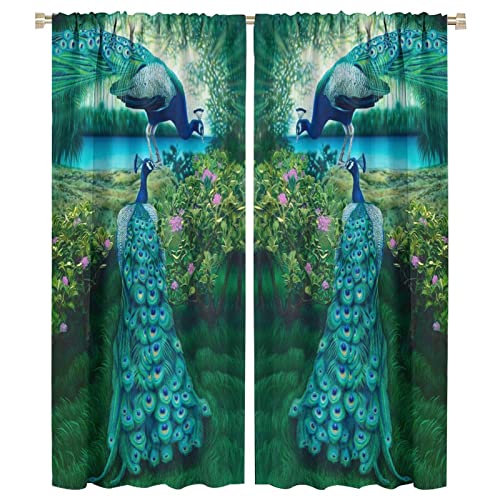 Peacock Blackout Curtain,Retro Animal Window Drapes Green Garden Peacock Rod Pocket Curtain for Living Room Kids Room Girls Boys Nursery Bedroom Decor,Total Size of The 2 Panels is 42x54in