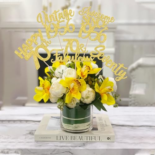 Image of 15 PCS 70th Birthday Centerpiece Sticks Double Sided Seventy Happy 70th Vintage 1956 Table Flower Centerpieces Sticks Cheers to 70 Fabulous Floral Decorations for 70th Birthday Party Supplies Gold