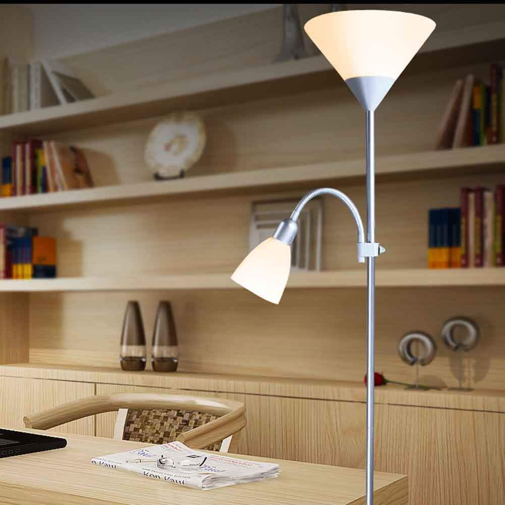 Lámpara de pie ajustable con pantallas blancas y luz de lectura moderna 5