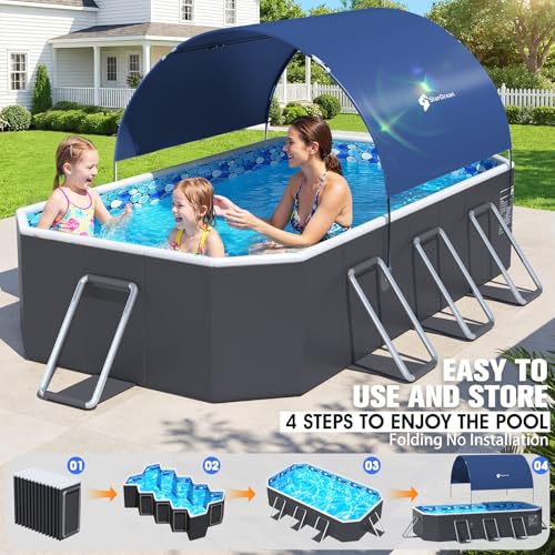 Image of StarOcean Foldable Pool with Canopy,Non Inflatable Pool,Large Foldable Swimming Pool for Adult Portable Pool,Large Collapsible Kid Pool with Shade,Folding Kid Pool for Backyard,90x50x20 in-Dark Blue