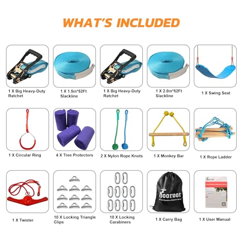 hooroor Ninja Warrior Obstacle Course for Kids Backyard - Double 52FT Slackline with 10 Most Complete Accessories, Twister, Swing, Monkey Bars, Rings, Ladder, Outdoor Toys Playset Training Jungle Gym