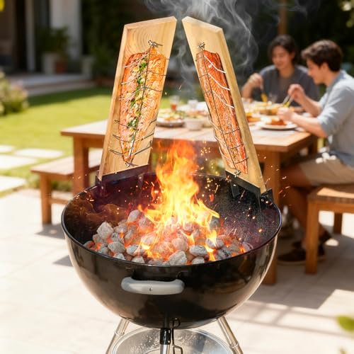 onlyfire Flammlachsbrett, 2er Set Flammlachsbretter mit 4-Fach Verstellbare Edelstahl-Halterung, Grillzubehör für Feuerschalen und Kugelgrill, Beidseitig Verwendbar, Wiederverwendbar