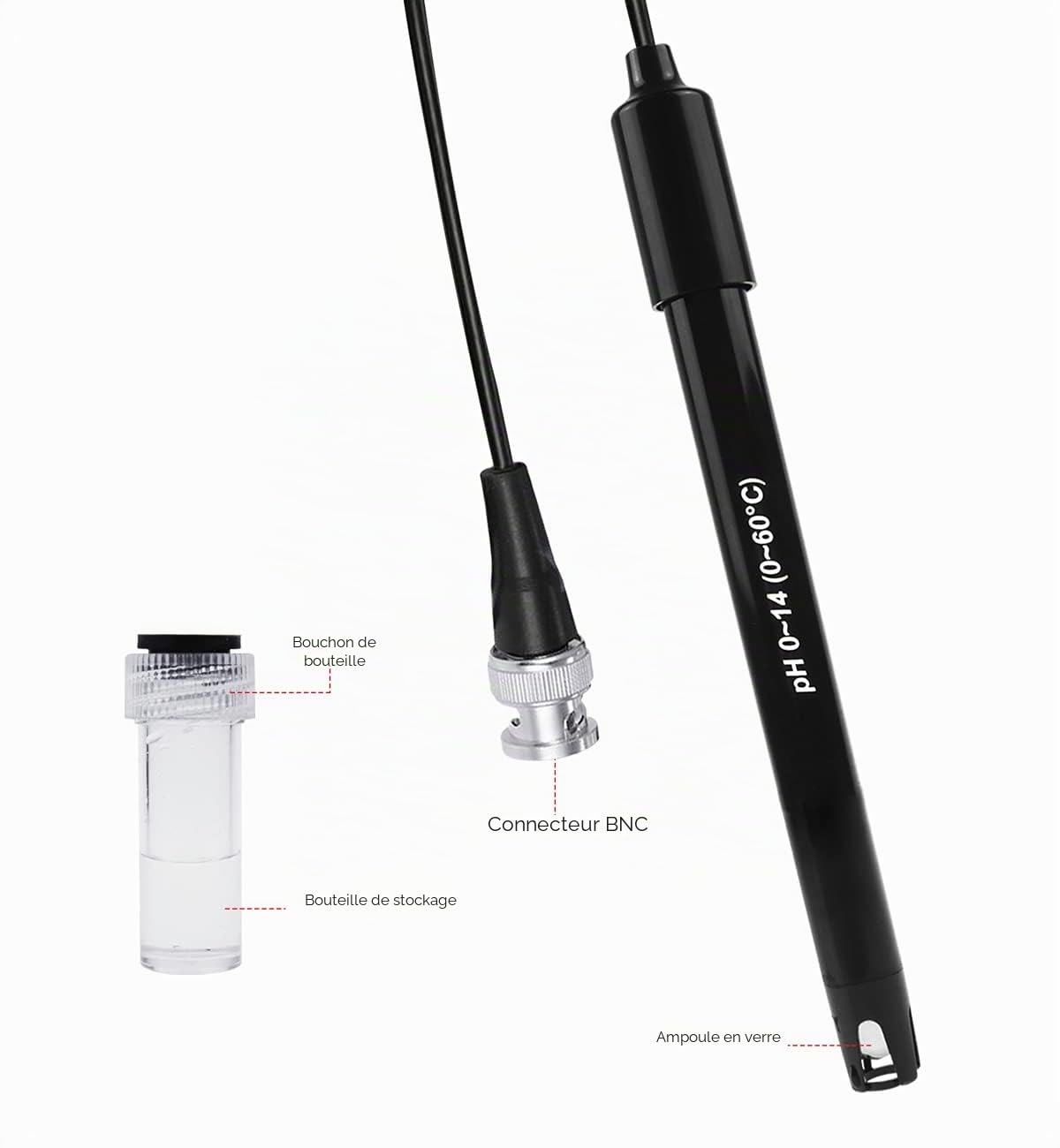 GAIN EXPRESS - Câble de 300 cm - Électrode pH avec poudre d'étalonnage - Sonde pH remplaçable 0-14 avec connecteur BNC - Pour Laboratoire, Hydroponie, Aquarium, Piscine et Transformation des Aliments