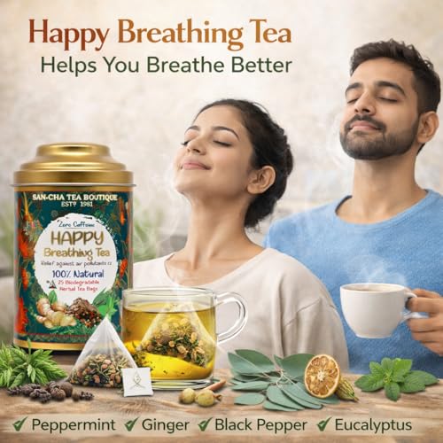 Image of Sancha Tea Boutique, Happy Breathing Herbal Tea, 25 Pyramid Tea Bags | Ayurvedic Decongestant Blend with Eucalyptus, Bael & Long Pepper | Caffeine-Free Wellness Tea in Double Lid Tin Caddy