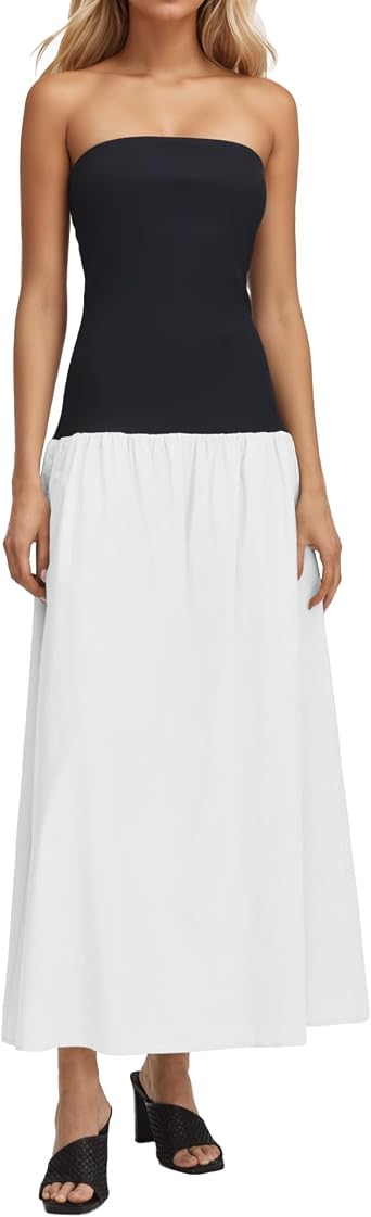 ISZPLUSH Women s Maxi Dress Sexy Off Shoulder Patchwork Contrast Color A-Line Backless Sleeveless Beach Holiday Long Dress