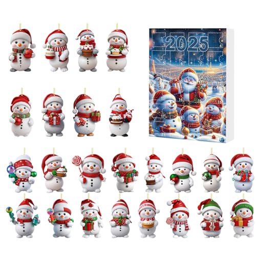 2025年クリスマスカウントダウンカレンダー、吊り下げループ、26x18x3cm、24日A-Dvent C-Alendar、2Dアクリル雪だるまハンギングオーナメント、お祝いボックス、窓辺、壁、ドア、木、ベッドルーム、枝用