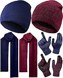SATINIOR 6 Pieces Winter Warm Knit Beanie Hat Touchscreen Gloves Scarf Set Fleece Lining Skull Caps Neck Scarves, Navy Blue, Wine Red, One Size