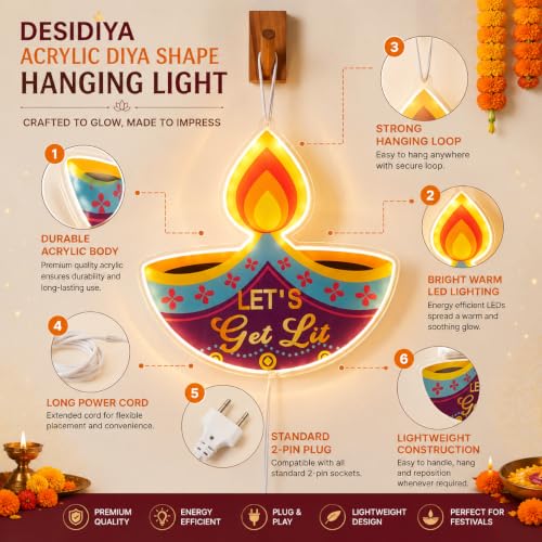 Image of Desidiya Diya LED Hanging Light | Warm White Double-Sided Festival Decor | Double-sided illuminated artwork offers vibrant visibility from both front and back.
