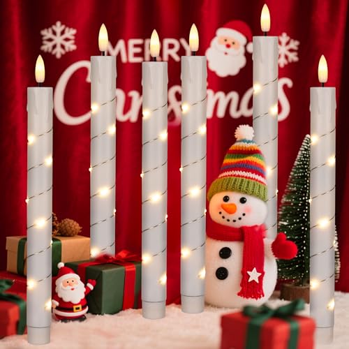Image of Flameless Taper Candles with Remote for Wedding Decorations,3D Flickering Flame Battery Operated LED Plastic Candles Arounded with Starlight String, Romantic Home Decoration, Pack of 6, White