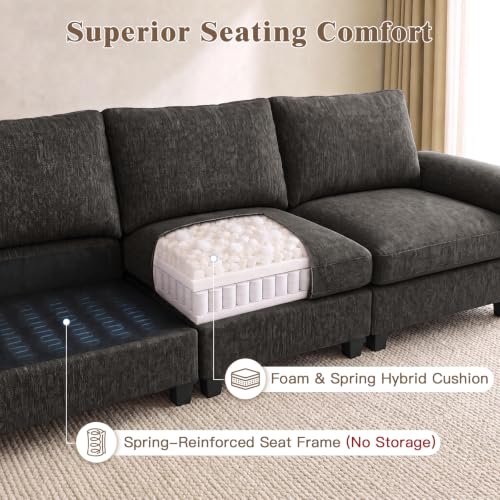 Image of Sectional Couches for Living Room, 109 inch L Shaped Cloud Sofa & Couch | Upholstered Armres, 22 inch Seat Depth, Movable Ottoman, Comfy Chenille, Easy Assembly, Black