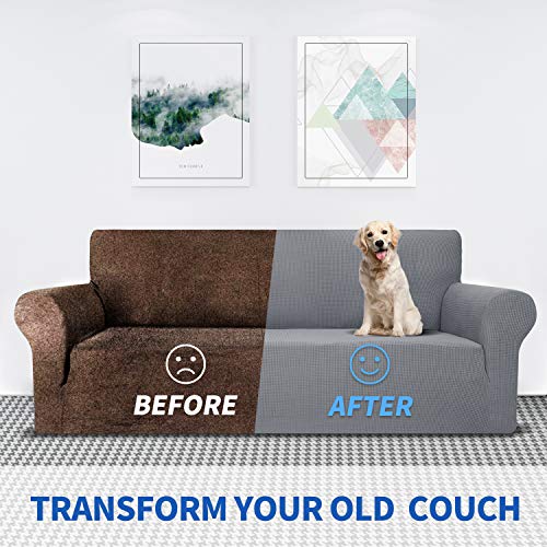 Maxijin Super Stretch Couch Cover For 3 Cushion Couch, 1-Piece Universal Sofa Covers Living Room Jacquard Spandex Furniture Protector Dogs Pet Friendly Fitted Couch Slipcover (Sofa, Light Gray) #TOP3