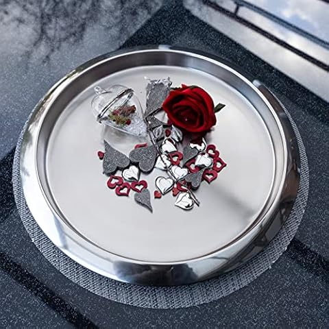 DRULINE Ø 35 cm Silber Tablett rund Serviertablett Dekoteller Kerzentablett Dekoplatte Metalltablett Teetablett Küchentablett Dekotablett Edelstahl Hochglanz Silbertablett rundes Tablett Deko Tablett Cover