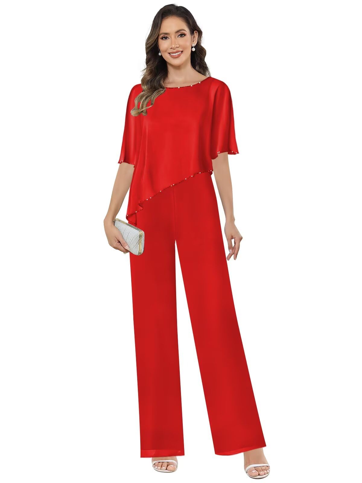 2 Pieces Mother of The Bride Pant Suits Formal Half Sleeve Pantsuits for Wedding Chiffon Evening Outfits Sets