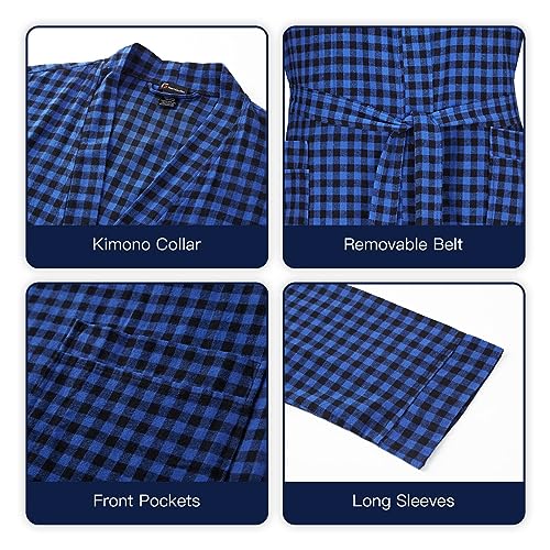 FashGudim Mens Buffalo Plaid 100% Cotton Flannel Shawl Collar Robe Lightweight Full Length Bathrobe Loungewear House Robes2