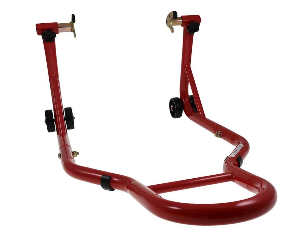 Caballete montaje moto – elevador delantero/trasero tipo U – ajustable 24–36 cm – hasta 450 kg – rojo – con ruedas