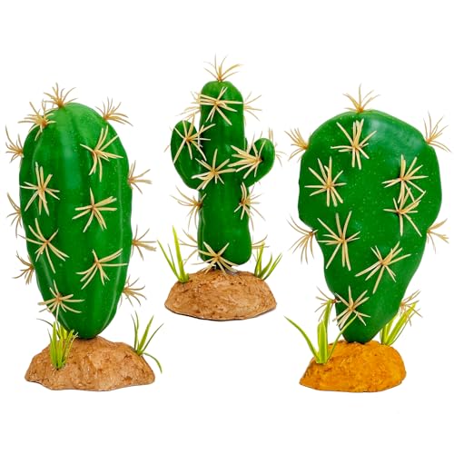 Fhiny Reptile Plants Succulent, 3 PCS Artificial Desert Plants Reptile Decor for Terrarium Lizard Tank Accessories Fake Cactus for Bearded Dragon Chameleon Gecko Lizard Snake Tortoise Frog